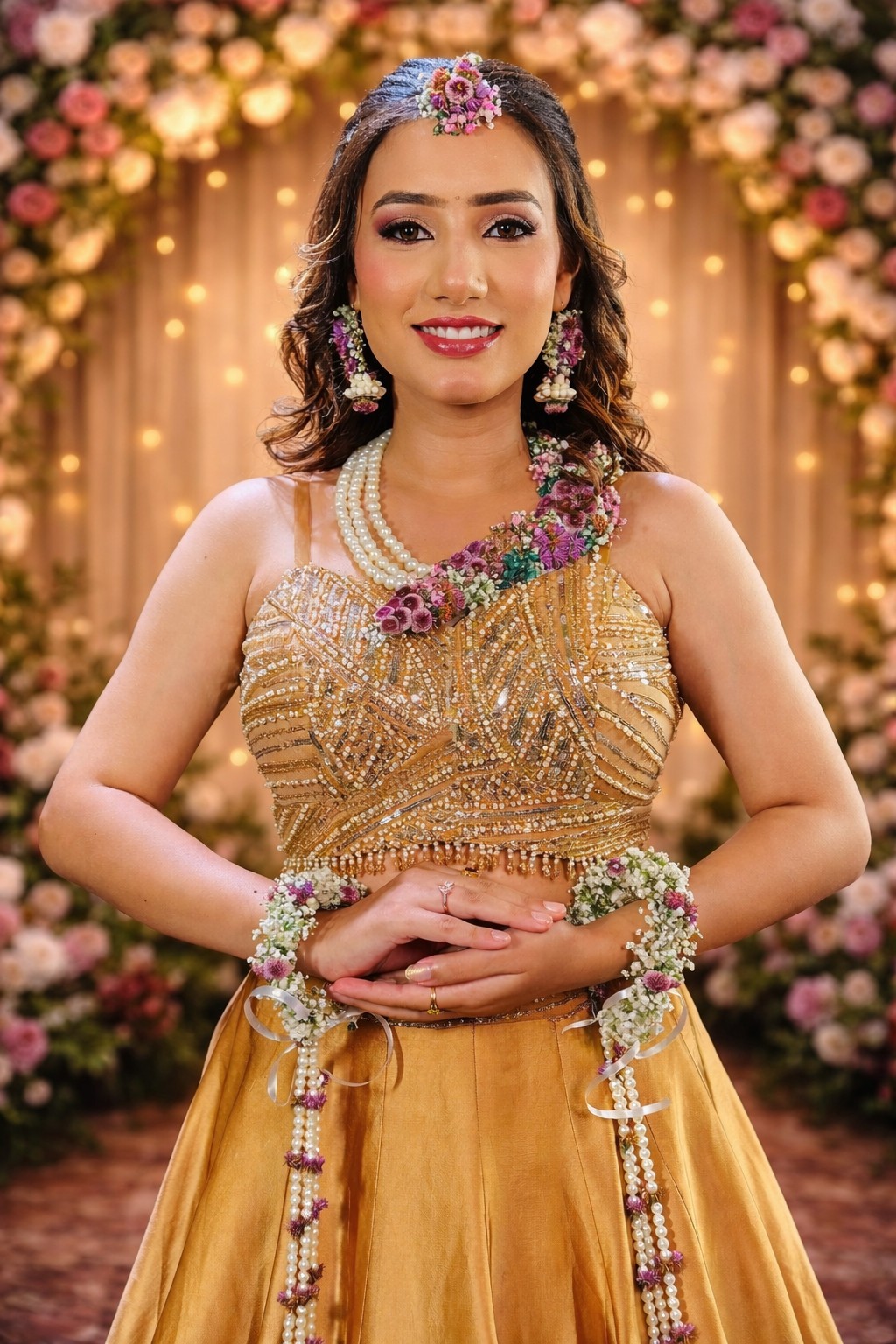 “Elegant bridal portrait featuring floral jewelry and golden lehenga with warm fairy light backdrop, perfect for wedding, haldi, mehndi, and floral decoration inspiration by Jatin Flower Mart.”